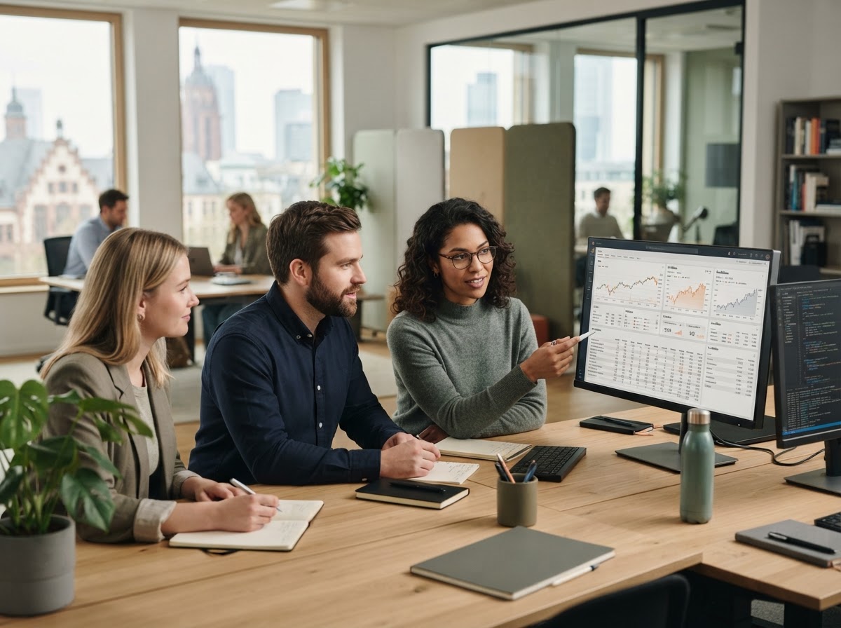 Moneyfarm team reviewing risk model output on a workstation